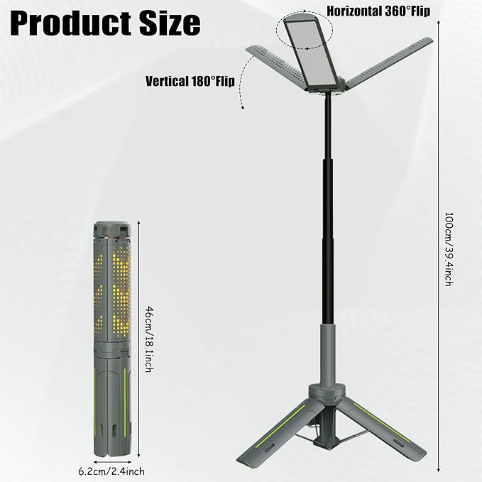 Rechargeable Camping Lights with Stand - Telescopic Cordless Work Lights with 3 LED Lamp Heads, Dimmable Emergency Tripod Flashlight, Portable Outdoor Lantern for Garage Power Outages Fishing