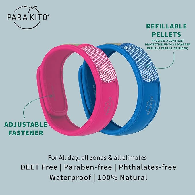 PARA'KITO Mosquito Repellent Bracelets + Refill Pellets Bundle | w/Peppermint Oil, Essential Oils | Hiking & Camping Accessories | Paraben Free, DEET Free - 2 Wristbands & 2 Refills (Fuchsia + Blue)