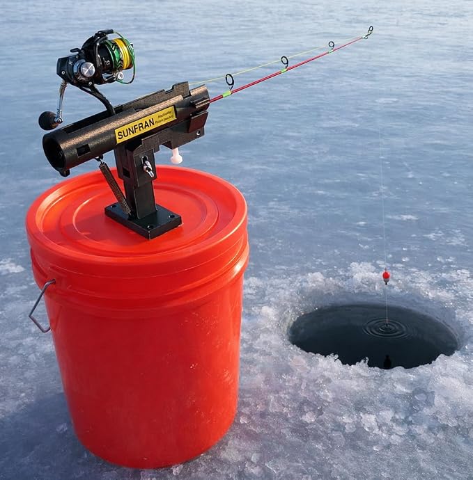 SUNFRAN Hooksetter | Auto Hook-Setting Rod Holder for Ice Fishing & Open Water Tip-Up/Tip-Down Replacement | Mounts on Bucket Lid, Boat or RV wall | Automatic Hook Setter