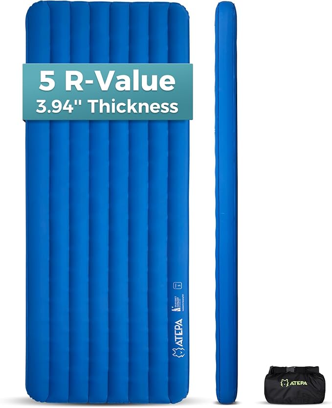 ATEPA ThermAir Pro 5 R-Value Insulated Sleeping Pad, Ultralight 4-Season Backpacking Air Mattress, 4” Thick Quiet Camping Sleeping Mat with Pump Sack, Wide Long 77”x25”