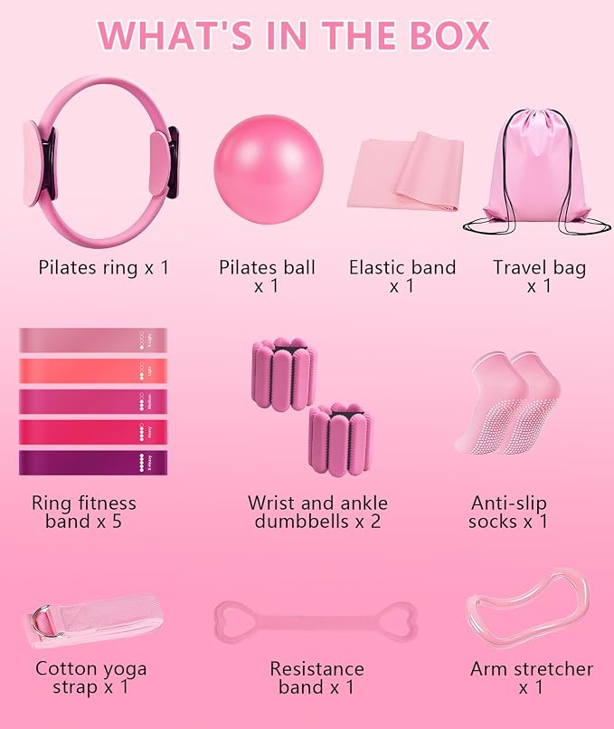 Pilates Ring Set with Adjustable Resistance - Full Body Workout Kit for Women, Portable Travel Bag & Anti-Slip Accessories