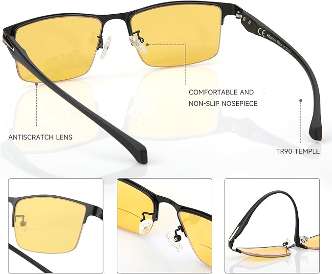 SKYOAK Premium Night Vision Bifocal Reading Glasses Men, Lightweight TR90 Temple Metal Half Frame Anti Glare Nighttime Driving Glasses HD Yellow lens Outdoor Readers, +2.5x