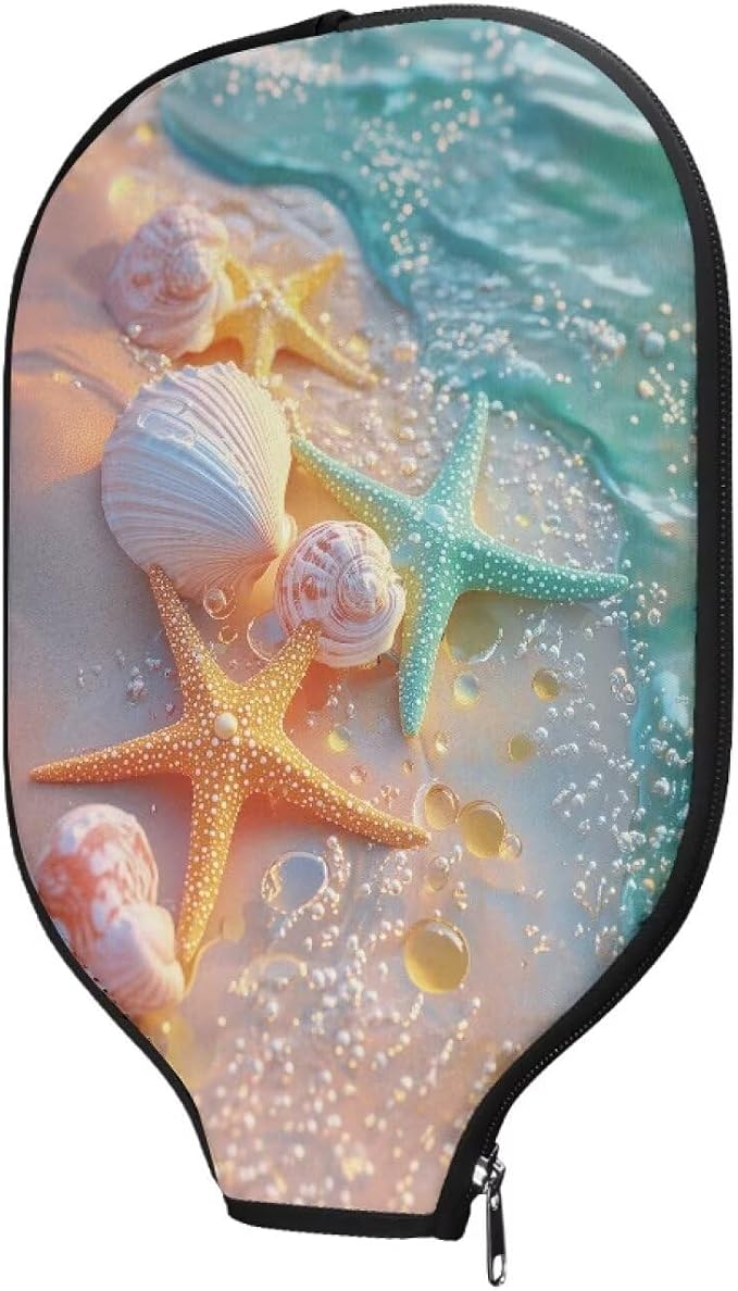 Beach Starfish Seashells Pickleball Paddle Covers Pickle Ball Rackets Cover 1 Pack Pickleball Racket Sleeve Zippered Paddle Case for Most Standard Pickball Paddles Birthday Gifts
