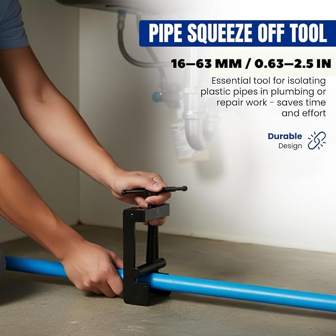 Pipe Squeeze Off Tool 0.63–2.5 in (16–63 mm), Plastic Pipe Shut Off Clamp for MDPE & PE Water Line Pipe