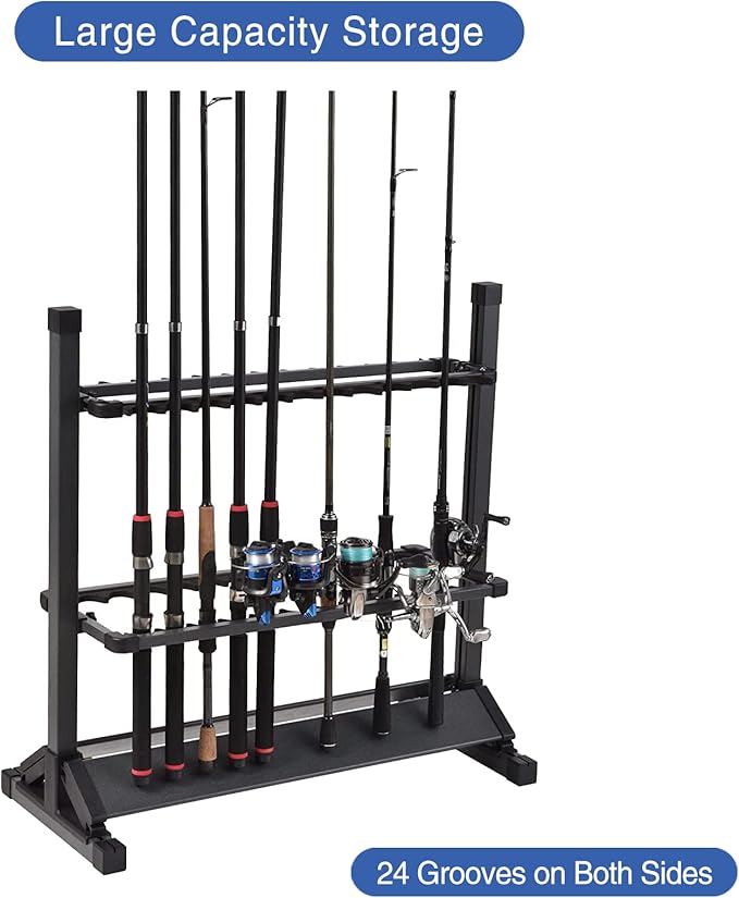 JOYWAVE Aluminium Fishing Rod Holders, Portable Fishing Rod Rack, Holds Up to 24 Rods, Modern Matte Black, 27.9x12.6x27.5 inches