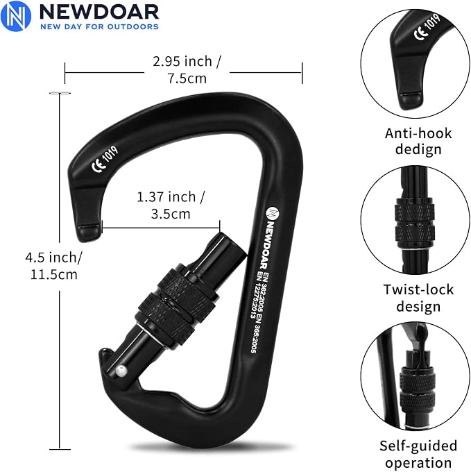 NewDoar CE Certified 30kN-6744lbs Climbing Carabiner Professional, Heavy Duty D Screwgate Clip, for Climbing,Rappelling,Hunting, Rescue