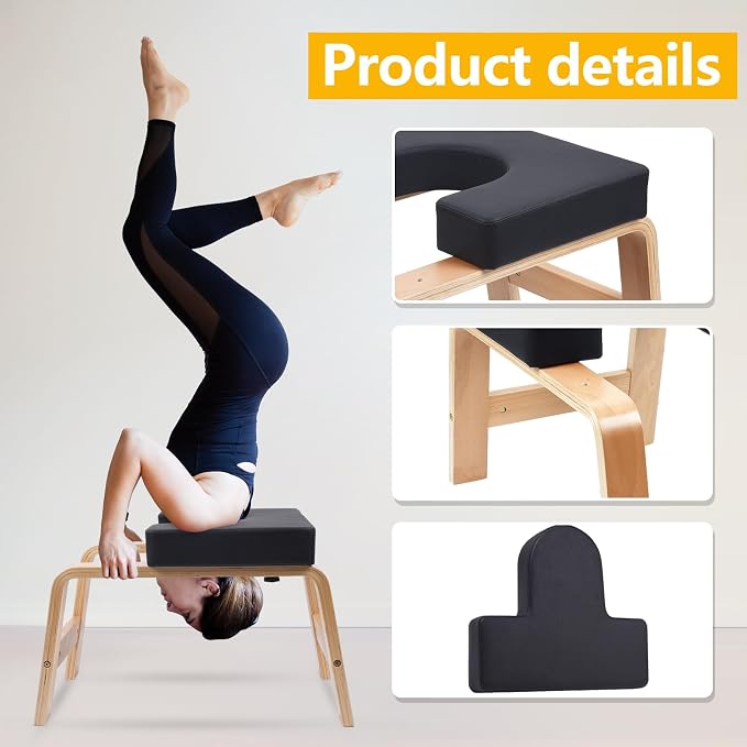 Yoga Headstand Bench, Yoga Inversion Chair, Headstand Trainer with Wood Frame and Pu Pad,Stand Yoga Chair Stress Relief, Balance Training, Body Shaping, Load Capacity 300 Pounds