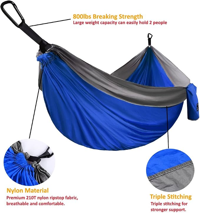 Gold Armour Camping Hammock - Portable Hammock Single Hammock Camping Accessories Gear for Outdoor Indoor Adult Kids, USA Based Brand (Blue & Grey)