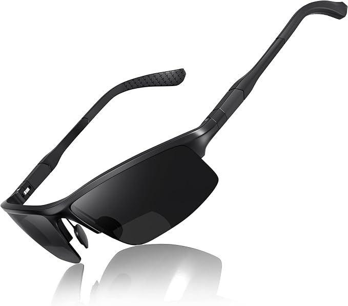 SKYOAK Sports Bifocal Reading Sunglasses Men Wrap Around UV 400 Protection Aluminum Frame Glasses Spring Hinge Semi Rimless Sun Readers Built In Driving/Running/Fishing Black,3.0