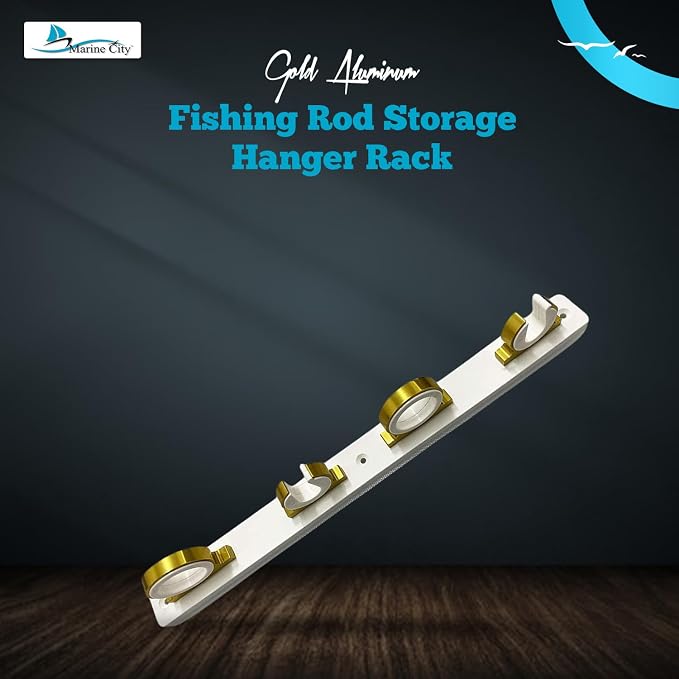 MARINE CITY 4-Rod Reel Fishing Rod Storage Hanger Rack with White Poly Board – Aluminum Gold Powder Coating, Ideal for Marines, Boats, Vans, and Cars (Pack of 1)