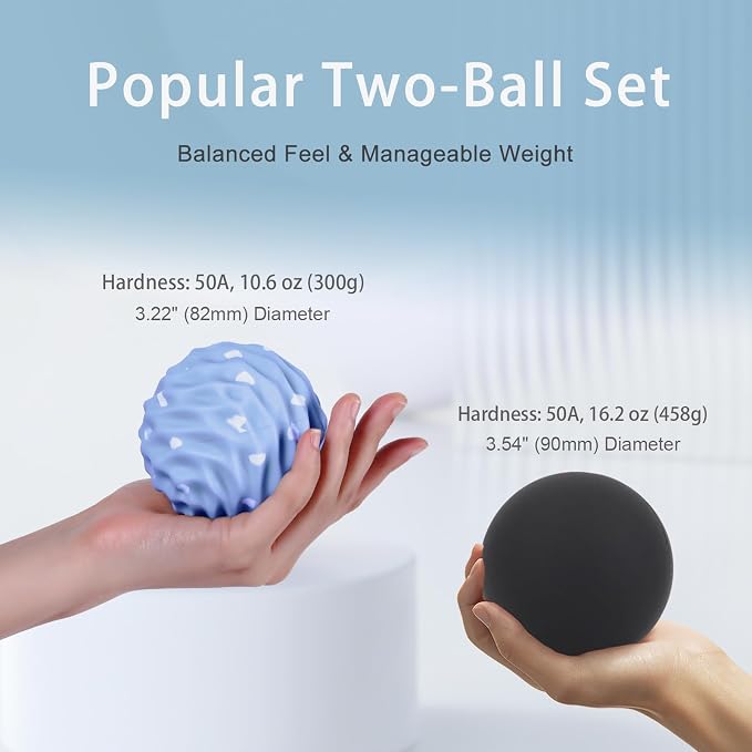 Massage Balls, 2 Pack Firm Silicone Massage Ball Set (Smooth & Textured, 3.54" & 3.22"), Muscle Relaxation, Trigger Point & Myofascial Release for Back, Neck, Shoulder & Foot