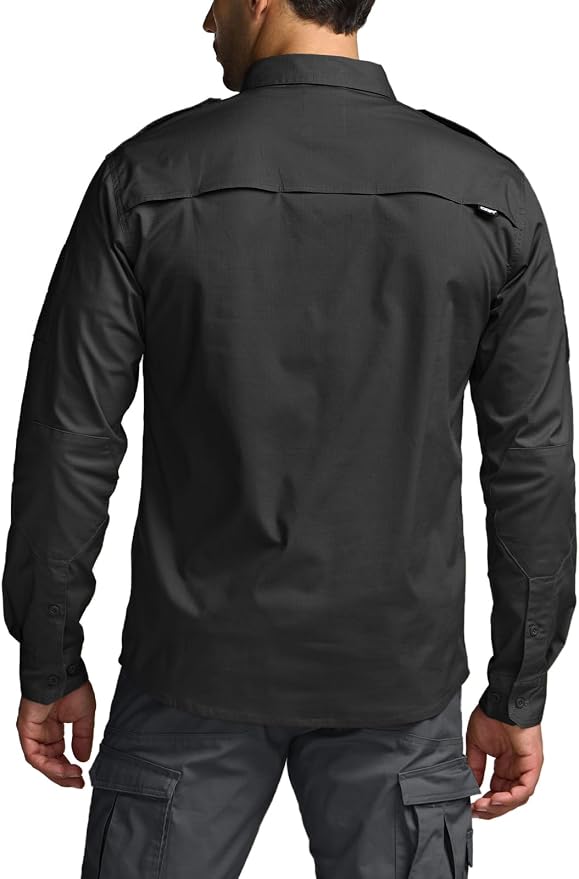 CQR Men's Long Sleeve Tactical Shirts, Ripstop Military Work Shirts, UPF 50+ Breathable Button Down Outdoor Hiking Shirt