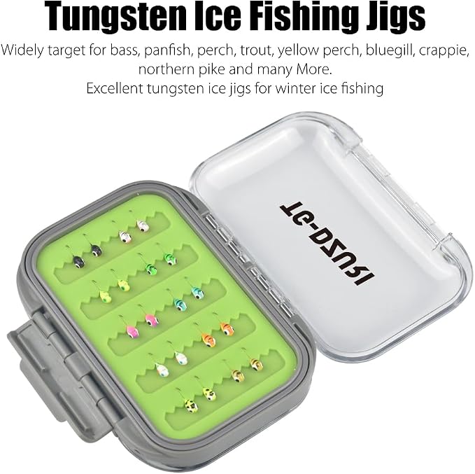 Tungsten Ice Fishing Jigs Kit, 3.2/4/5mm Glow in Dark Tear Drop Ice Fishing Lure Jigs with Waterproof Two-Sided Jig Box Assortment 20/24/30