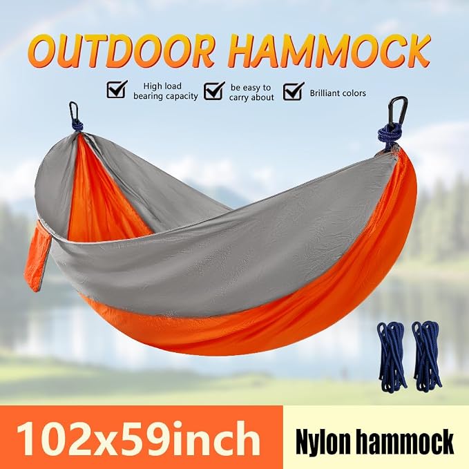 Camping Hammock, Portable Hammocks with Tree Straps & Attached Carry Bag, Travel Tree Hammocks for Outside Indoor Hiking Beach Backpack Travel(Orange, Nylon)