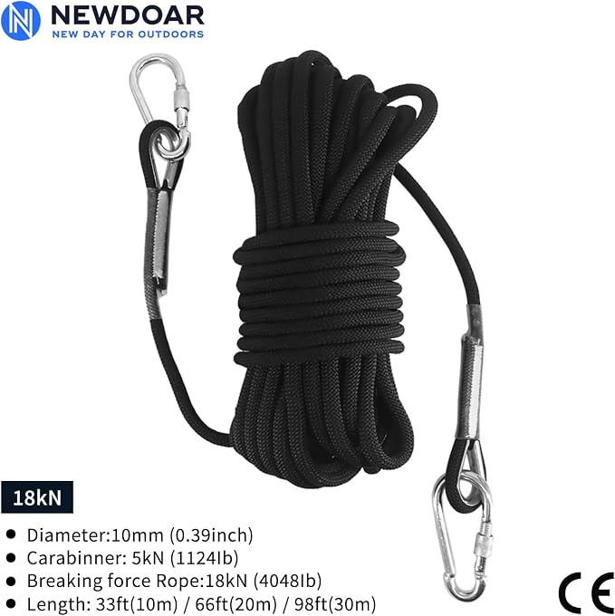NewDoar Climbing Rope 8(5/16in),10mm (3/8in), High Strength Accessory Cord Rope with 2 Steel Hooks, for Outdoor Rescue Rappelling Rope Down Cliffs ledges Safety Escape Tow Strap Equipment(Black)