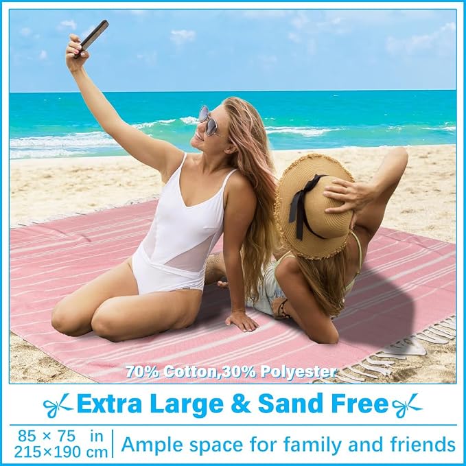 Vikumond Oversized Turkish Beach Towel Blanket XXL Cotton Sandproof Towels Boho Woven Extra Large Big Sand Free Giant Throw Blankets Huge Quilt XL Picnic Camping Necessities Cloud for Adult Gifts