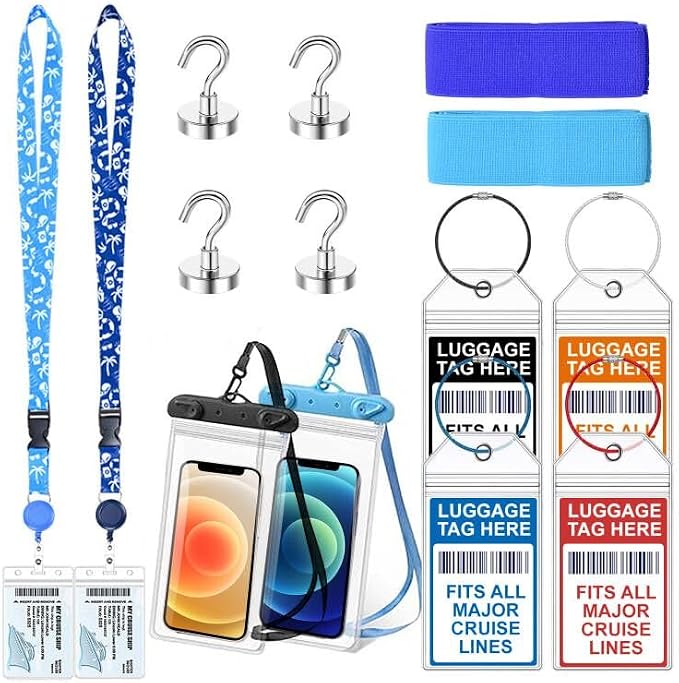 14 Pcs Carnival Cruise Essentials Kit Include Retractable Lanyards for Ship Card, Luggage Tags Holder, Towel Bands, Waterproof Phone Pouch, Magnetic Hook for Carnival, NCL, MSC, Costa 2026-2027