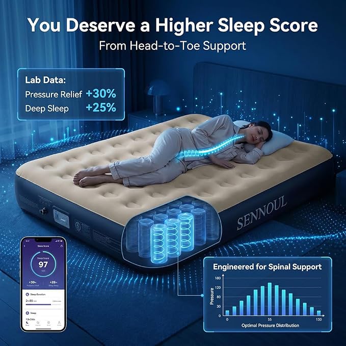 SENNOUL Air Mattress Queen with Built in Pump - Upgraded Blow Up Bed, 2 Mins Quick Self Inflatable, 13"/650lbs Max, Strong Support, All Night No Lost Air, for Camping,Home,Guests & Portable Travel