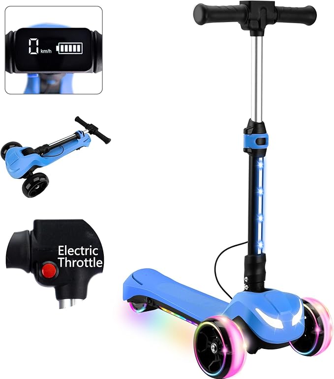 Electric Scooter for Kids w/150W Powerful Motor, Thumb Throttle, LCD Screen, Bluetooth, Light-Up Stem Deck & Wheels, 3 Adjustable Heights, 5MPH Safe Speed, 3 Wheel Electric Scooter for Kids