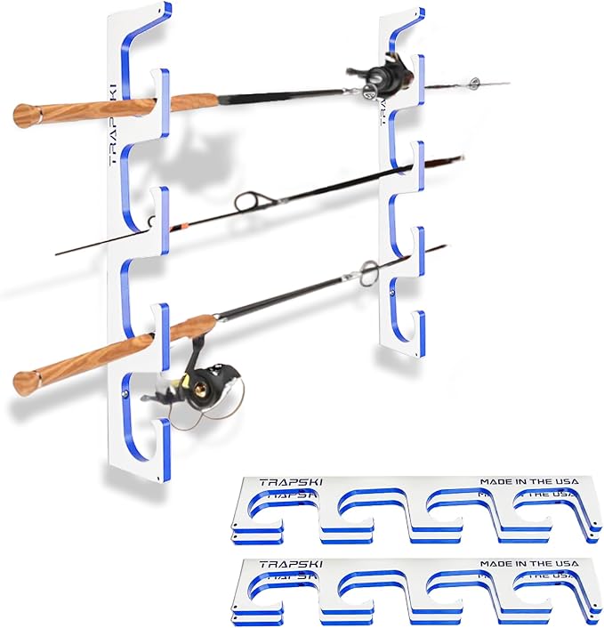 TRAPSKI Made in the USA Premium Fishing Rod/Pole Holder Rack Organizer | Wall or Boat Mounting Fishing Rod Rack | Marine Grade HDPE Plastic | Rod Holder for up to 8 Rods | Stackable - 2 Pack