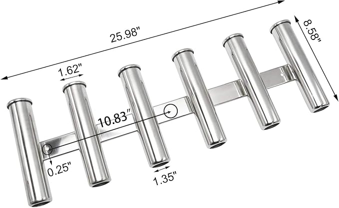 Amarine Made 6 Tube Stainless Steel Fishing Rod Rack Mirror Finish 316 Stainless Steel 6 Rod Rack