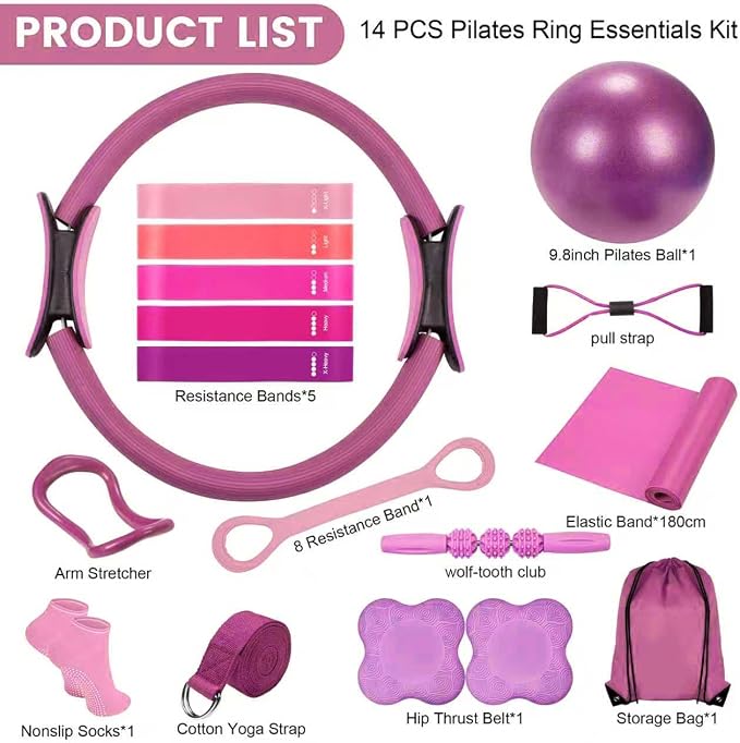 Pilates Ring Circle Fitness Set 17 pcs Equipment Accessories Workouts Includes Pilates Ball Magic Circle Yoga Ring Knee Pads and Resistance Bands for Women Set Gift for Women Weight Loss