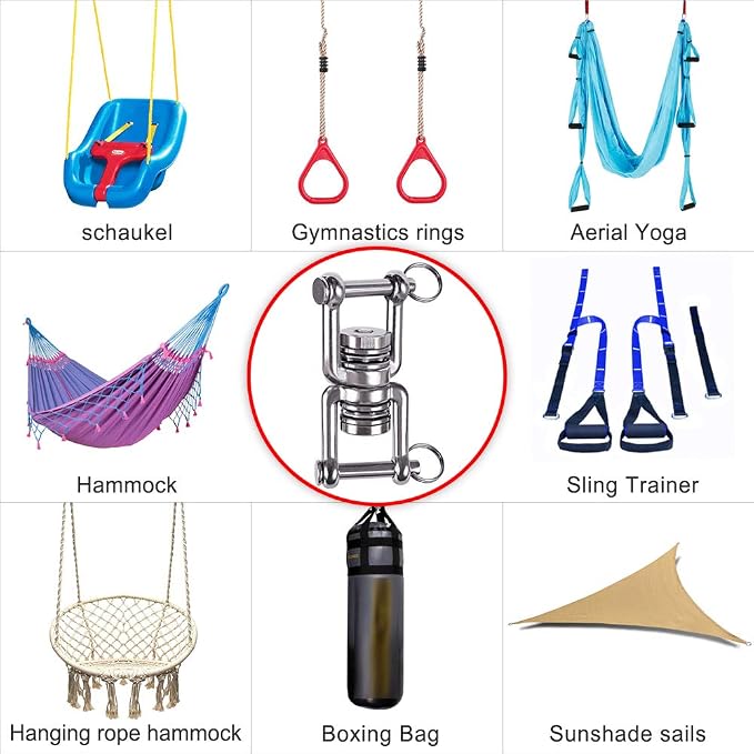 BeneLabel Dual Hanging Rings Hammock Swing Hanger, Swivel Stainless Steel Mounting Bearing Set D Shape Open Loop for Indoor Outdoor Playground Chair Yoga Rope Punching Bag Sandbag