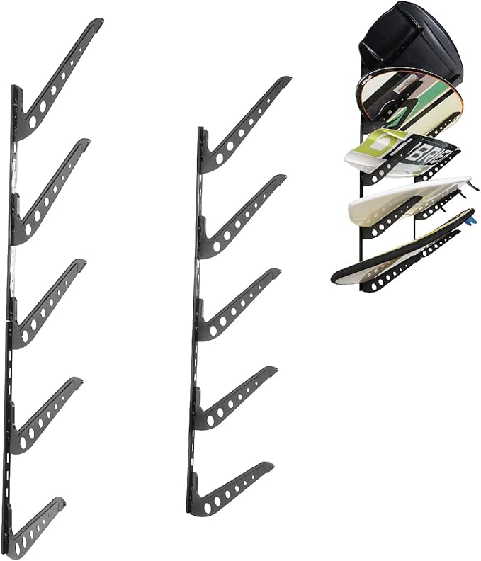 5 Board Surf Rack Wall Mount for Surfboard, Wakeboard, Snowboard Storage Adjustable Wall Hangers Boards Display, Black, Steel
