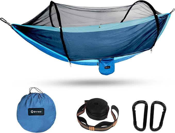 Hammock with Mosquito Net - Lightweight, Portable, 1 Person Hammock - for Camping, Hiking, Backpacking, Travel, a Festival, or The Beach (Blue)