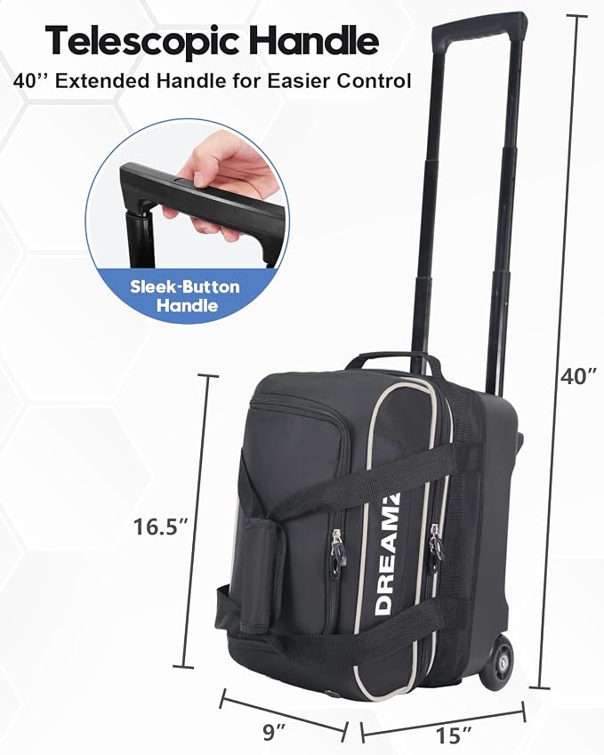 Single Bowling Ball Bag with Wheels, Deluxe Rolling Bowling Bags 1 Ball and Shoes Pocket w/Molded BallCup, Bonus Storage Bag, 40" Retractable Handle - Large 1 Ball Bowling Bags with Wheels