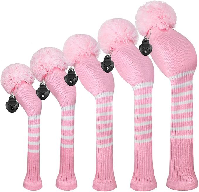 Scott Edward Knit Golf Club Cover with a Pom Set of 5 Head Covers Protect Driver Wood(460cc) 1 Fairway Wood2 and Hybrid/UT2 with Rotating Club Number Tags