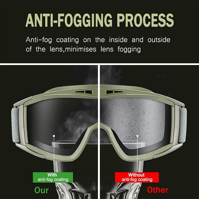 Tactical Airsoft Goggles Anti Fog Shooting Glasses Impact Resistant Safety Goggles with 3 Interchangable Lens