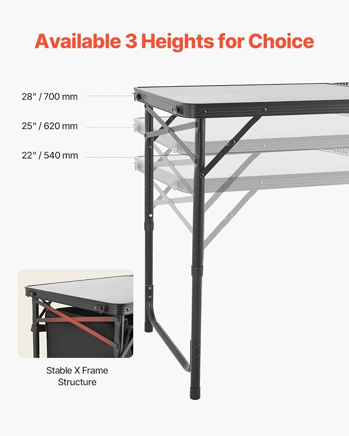 VEVOR Camping Kitchen Table, Folding Outdoor Cooking Table, 3 Adjustable Heights, Aluminum Lightweight Portable Cook Station with Storage Organizer, Carry Handle, for BBQ Party Picnic RV Travel, Black
