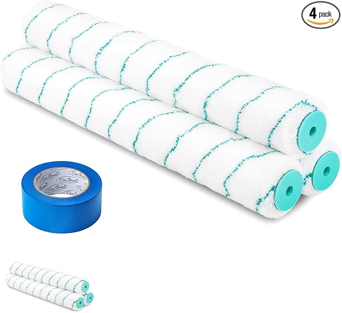 18 Inch Microfiber Paint Roller Covers, 3pcs 3/8" Nap Rollers with A Professional Painters Tape, Large Lint-Free Cover Refills for 18" Frame, Painting Walls, Ceilings, Floors, Garage