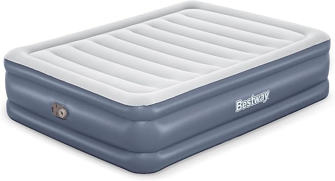 Bestway Tritech, 20" Thick Durable Comfortable Air Mattress Pad for Portable Relaxation with Built-in AC Pump and Storage Bag, Queen Size