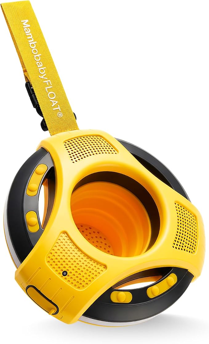 Mambobaby Floating Bluetooth Speaker with Collapsible Cup Holder, IPX7 Waterproof Shower Speaker with 360° Sound & LED Lights, Pool, with Versatile Hanging Strap, Great Gift for All Ages(Yellow Black)