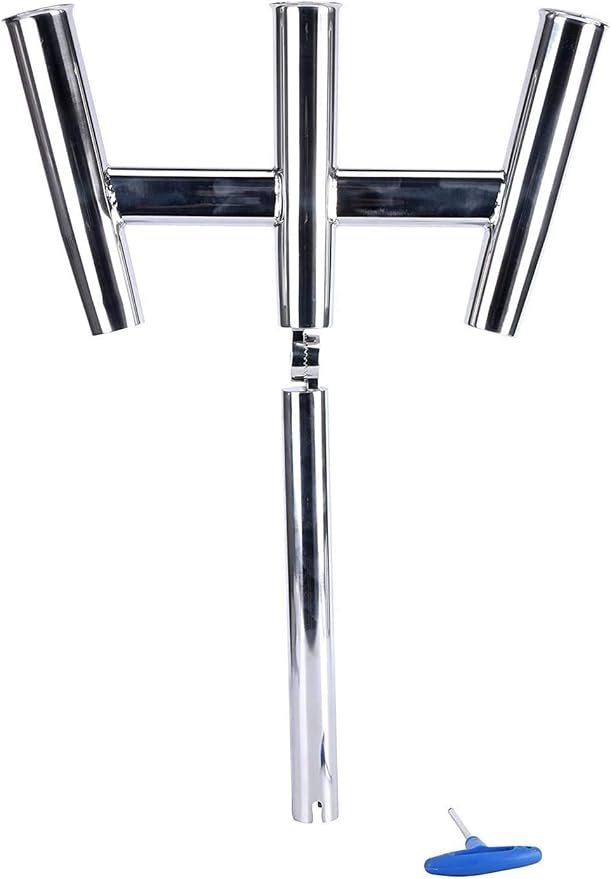 Amarine-made 3 Tube Silver Highly Polished Stainless Steel Trident Outrigger Stylish Rod Holder - Triple Rod Holder , Kite Fishing Mount 3-Rod Holder (Size B)