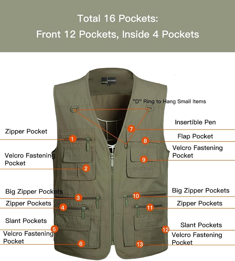 Flygo Men's Fishing Vest Utility Lightweight Outdoor Travel Safari Photo Cargo Vest with 16 Pockets