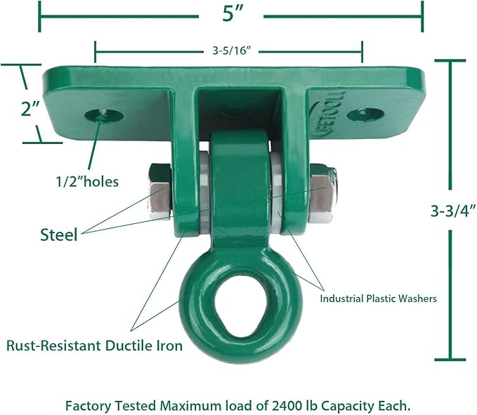 BETOOLL 2400 lb Capacity Heavy Duty Swing Hangers for Wooden Sets Playground Porch Indoor Outdoor & Hanging Snap Hooks Green (2pcs)