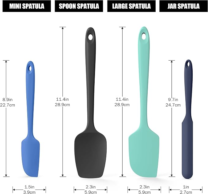4-Piece Silicone Spatula Scrapers: Doosu 600°F Heat Resistant Food Grade Kitchen BPA Free Rubber Baking Cooking Tool Nonstick Utensil Set for Mixing, Scraping, Folding, Stirring, Serving (Multi-3)