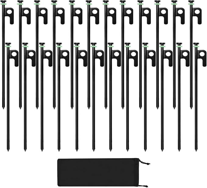 24Pcs Tent Stakes, 12in Heavy Duty Tent Stakes with Storage Pouch, Forged Steel Metal Stake for Tent Used on Rocky Place, Grassland, Dessert(24Pcs, 12in, Diameter 1/4")