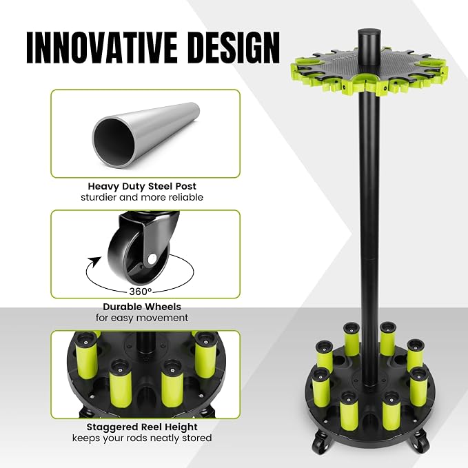 Hikeen Fishing Rod Holder for Garage, Fishing Pole Holders Rod Rack, Holds up to 20 Rods with Rolling Wheels, Fishing Gear Equipment Storage Organizer