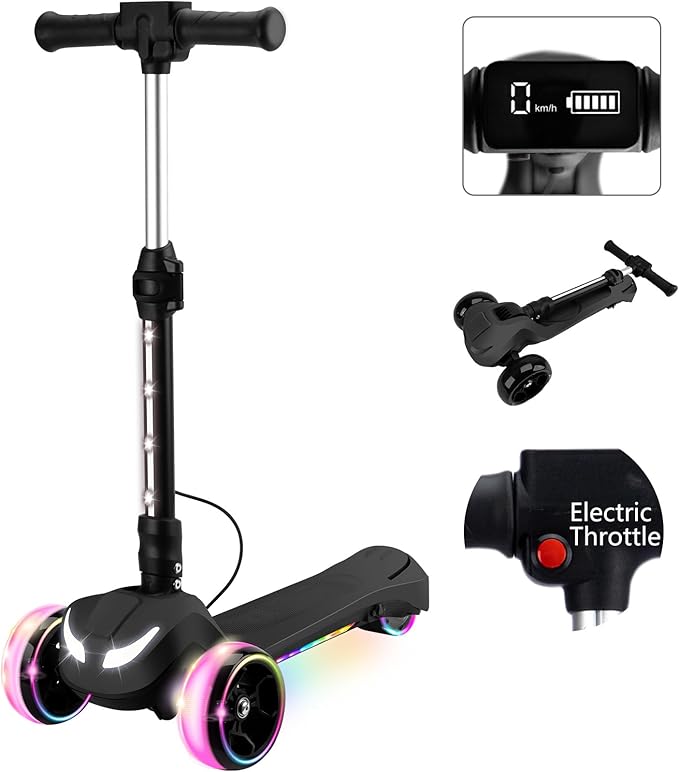 Electric Scooter for Kids w/150W Powerful Motor, Thumb Throttle, LCD Screen, Bluetooth, Light-Up Stem Deck & Wheels, 3 Adjustable Heights, 5MPH Safe Speed, 3 Wheel Electric Scooter for Kids