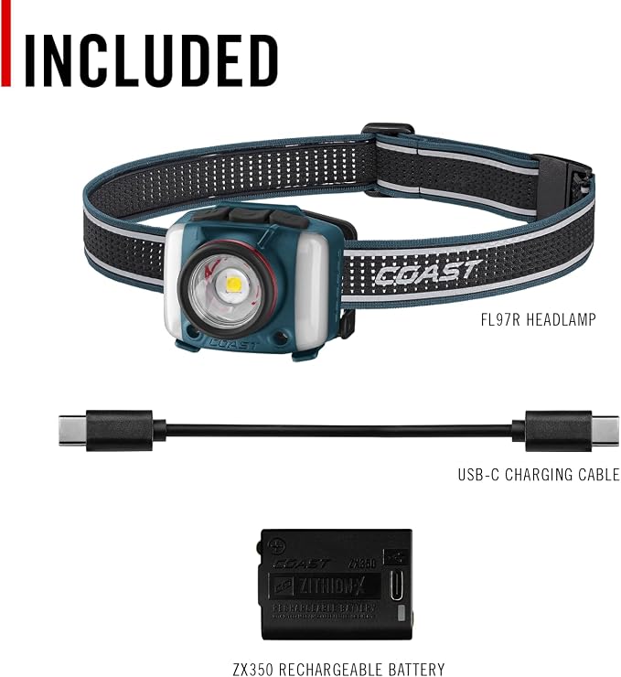 Coast FL97R Voice-Controlled 1200 Lumen Rechargeable LED Headlamp with Pure Beam Spot & Flood, ARC Lighting, Red & Green Color Modes, Glide Focus Radial Arm Dial and USB-C Charge Port, Ocean Blue