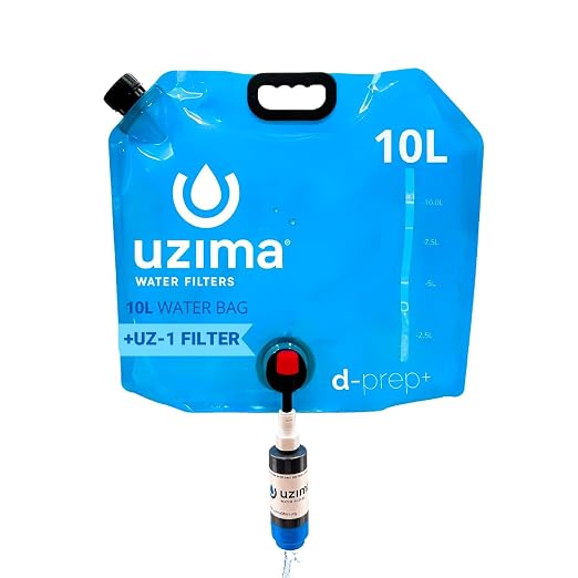 Uzima D-Prep Plus Emergency Water Filtration & Storage System – 10L Collapsible Gravity Water Storage Container with UZ-1 Filter for Safe Drinking – Portable Survival & Camping Bladder
