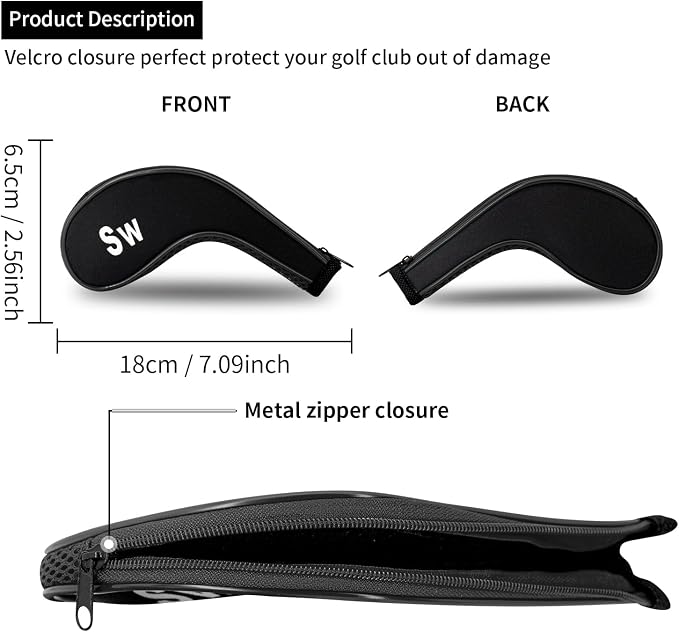 Golf Club 12pcs Thick Synthetic Zipper Long Neck Set Headcover Fit The Most Brands, Side Number Golf Iron Club Head Cover LW SW PW Covers #3,4,5,6,7,8,9