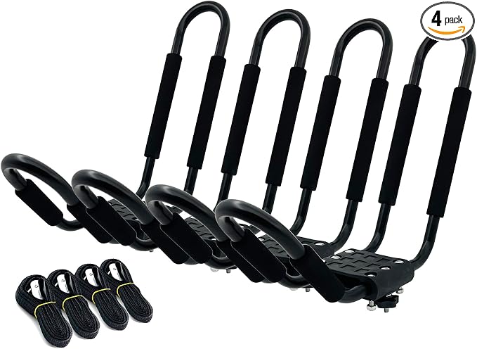 Kayak Roof Rack for 2 Kayaks Carrier, Kayak J Bar Hooks Roof Mount Racks for Universal Cars, SUV, Truck, Set of 4 Racks