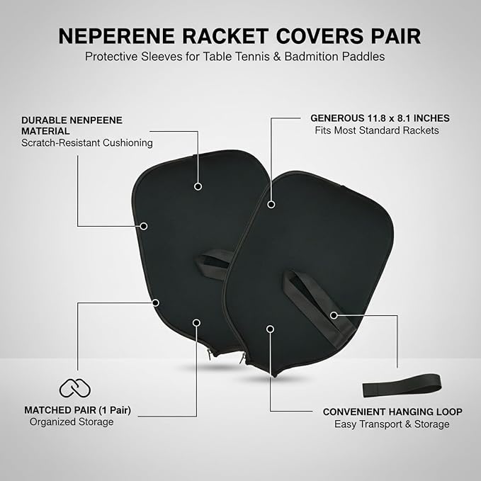 2-Pack Neoprene Racket Covers for Table Tennis & Badminton, Protective Storage Sleeves with Hanging Loop, Scratch-Resistant Paddle Cases