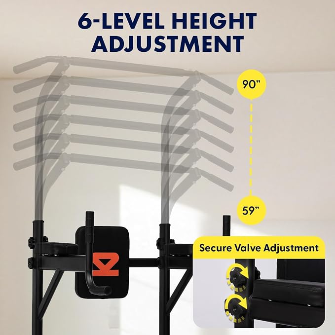 SQUATZ Power Tower Pull Up Station with Free Standing Pull Up Bar, Multi-Grip Workout Frame with 6 Adjustable Heights, H-Base Stability, Steel Construction, 330 lb Capacity for Home Gym, Black