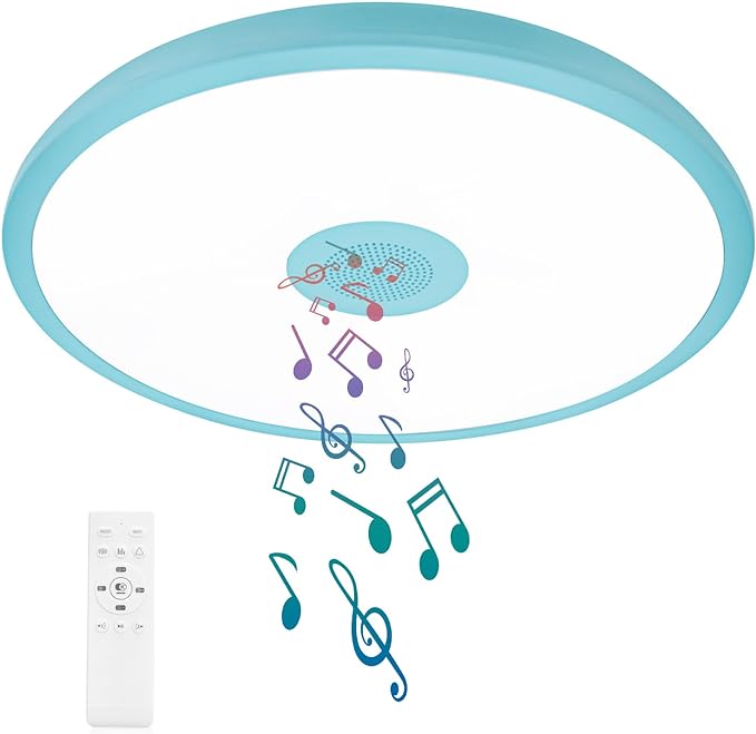 Sky Blue Waterproof LED Ceiling Light Fixture,Music Ceiling Lamp,with Bluetooth Speaker,11Inch 18W, 2700K-6500K Dimmable RGB Color Changing Light with Remote Control,Suitable for Boys' Room